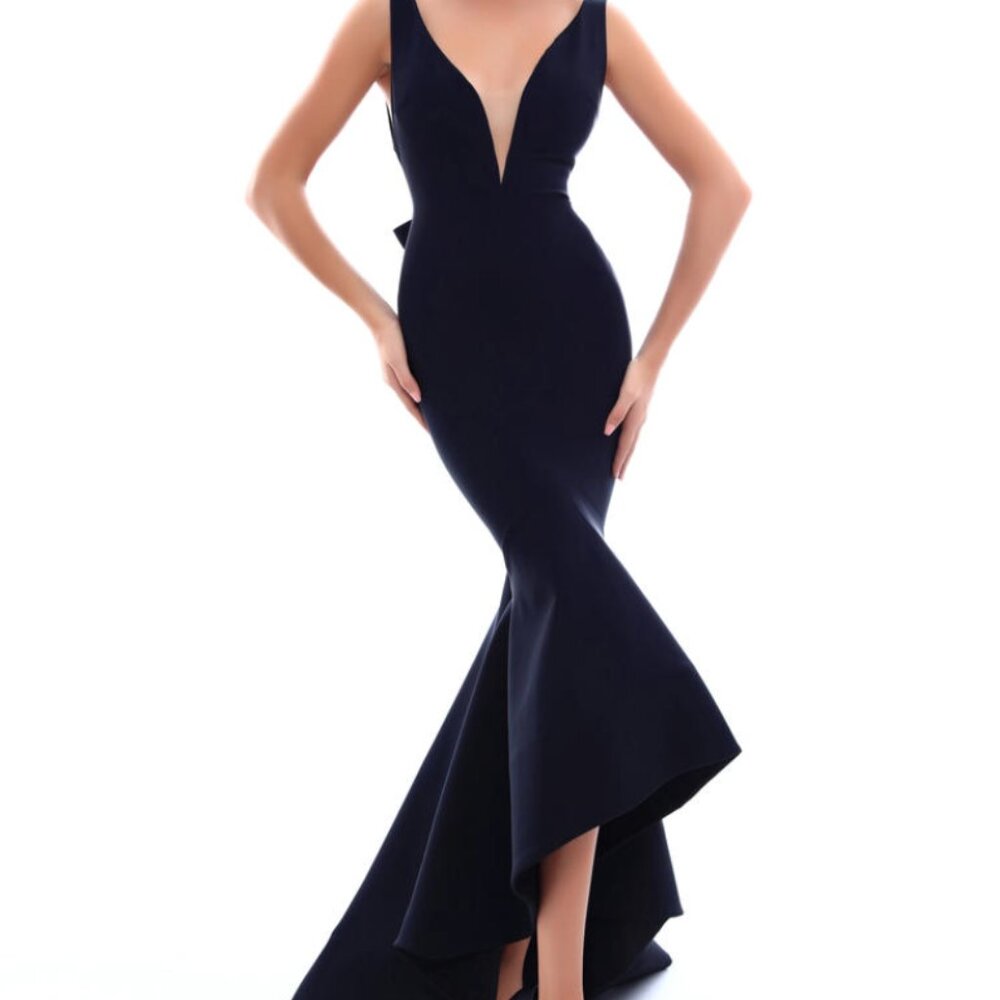 Tarik Ediz Black Hi Low Formal Dress Size 0 Plunge Neck Bow Designer Gown